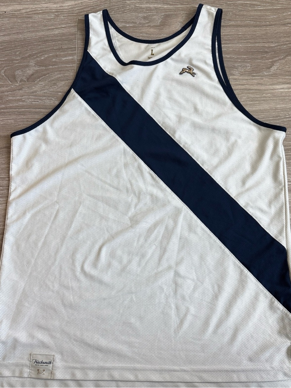 Tracksmith White Tank with Navy Diagonal Stripe